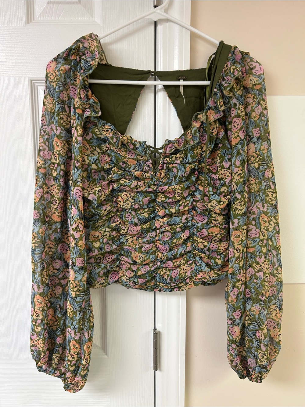 Free People Mabel Printed Blouse Floral Ruched Lace Up Long Sleeves